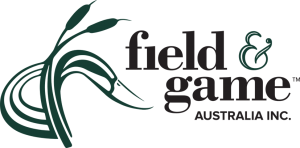 Logo of Field & Game Australia featuring dark green reeds beside the text "field & game" in black uppercase letters, with "AUSTRALIA INC." underneath in smaller font. The design is simple and nature-inspired.