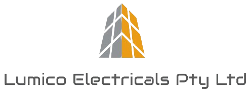Logo of Lumico Electricals Pty Ltd featuring a stylized geometric building design with gray and orange panels, above the company name in gray text.