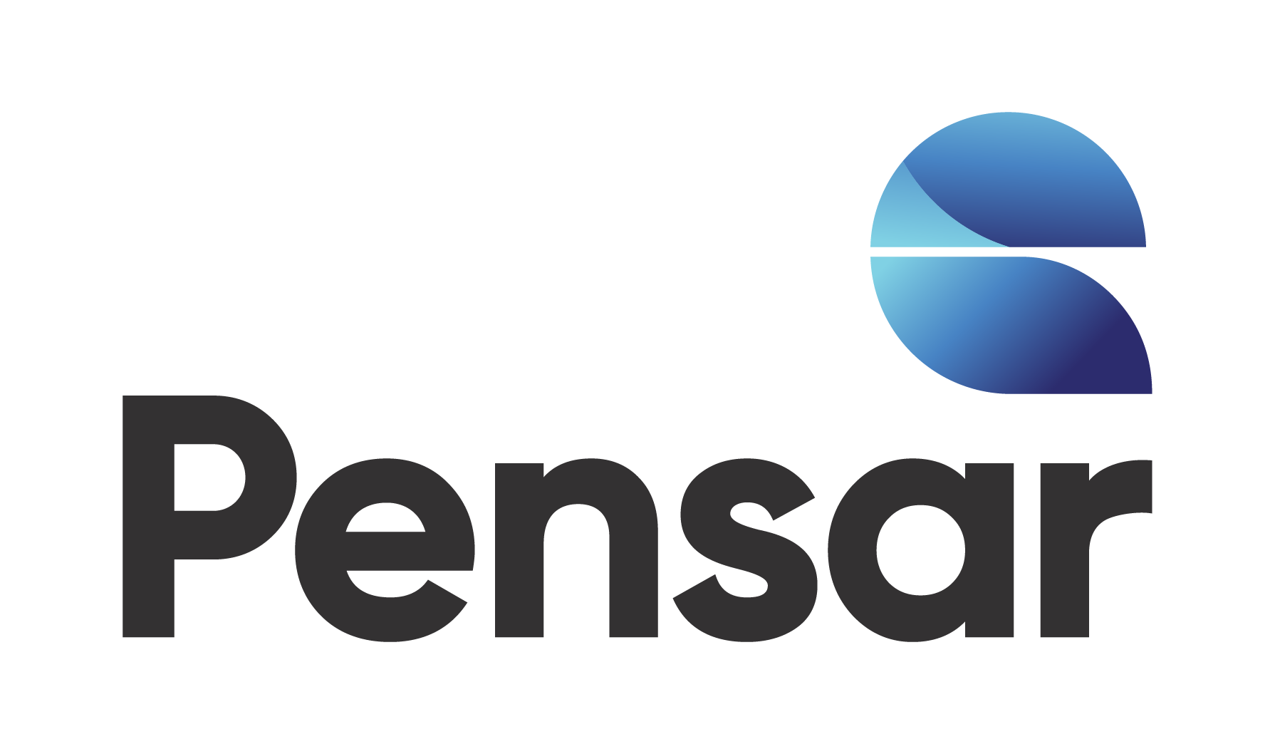 Logo with the word "Pensar" in bold black text. Above the text is a stylized blue and light blue circular design split into two segments.