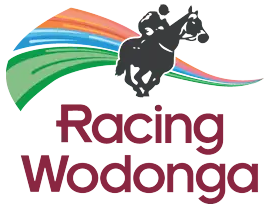 Logo of Racing Wodonga featuring a silhouette of a jockey on a horse in front of a colorful swoosh. Below is the text "Racing Wodonga" in maroon letters.