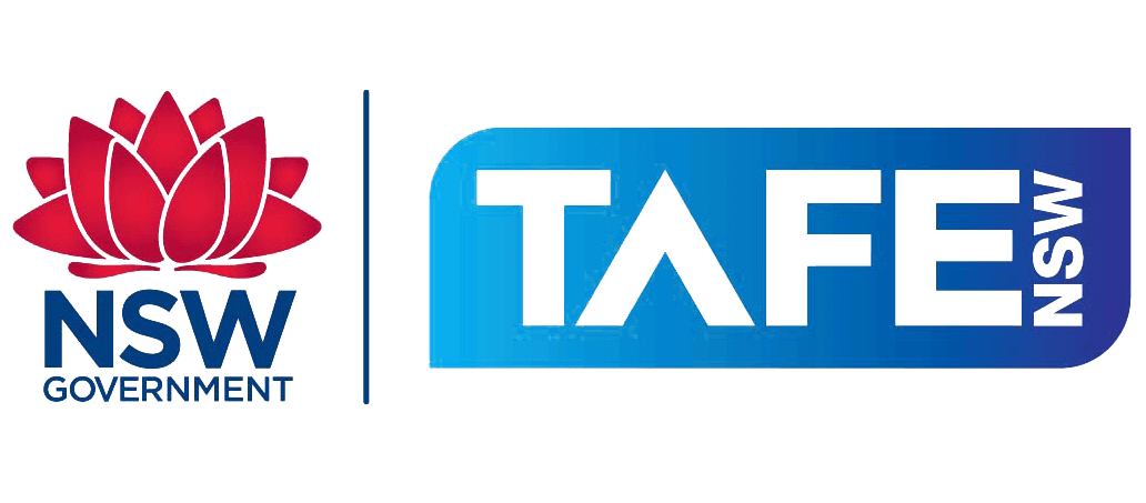 Logo featuring a red stylized lotus flower with "NSW Government" in blue text on the left, and "TAFE NSW" in blue gradient text on the right.